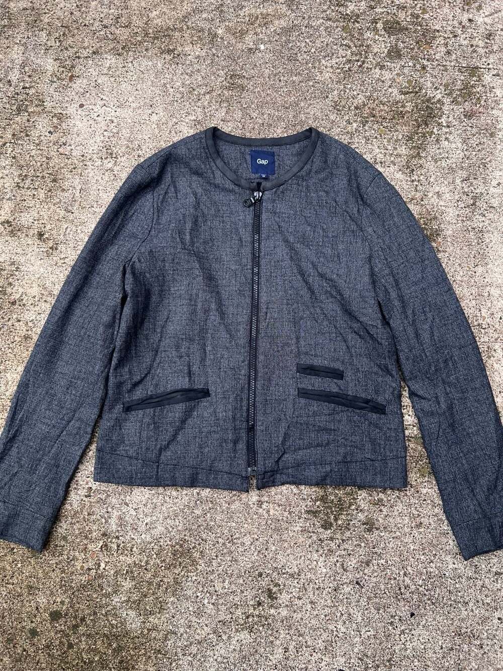 A- Gap Blue Linen Blend Collarless Full Zip Bomber Jacket - Size XS